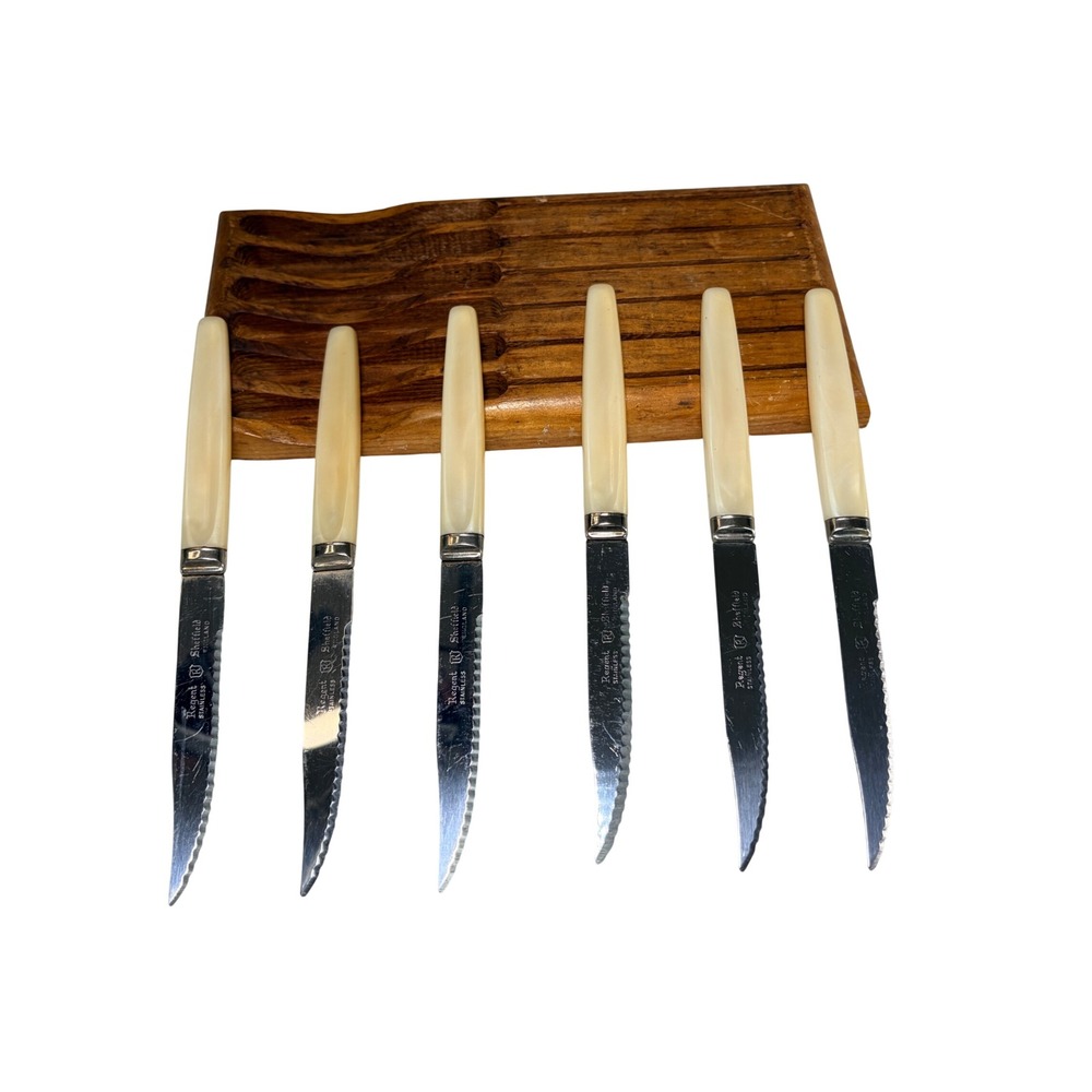 Regent Sheffield Vintage Steak Knife Set 6 Piece Serrated Stainless England Wood